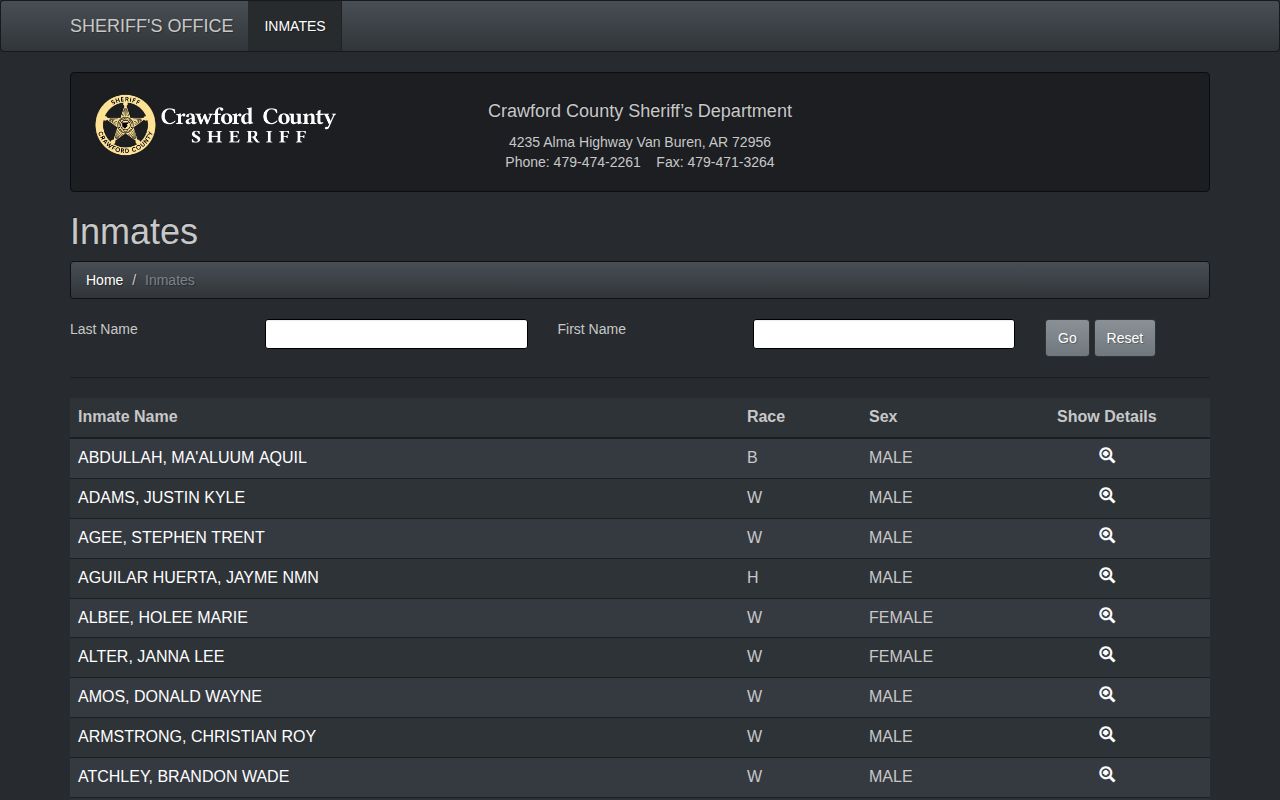 Crawford County current inmate roster search and booking record update timestamp