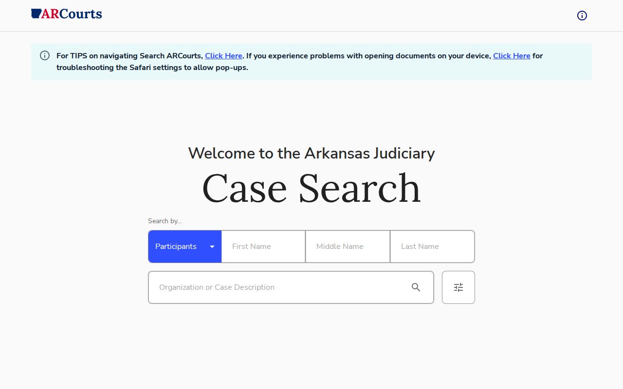 Crawford County court case and arrest disposition search interface